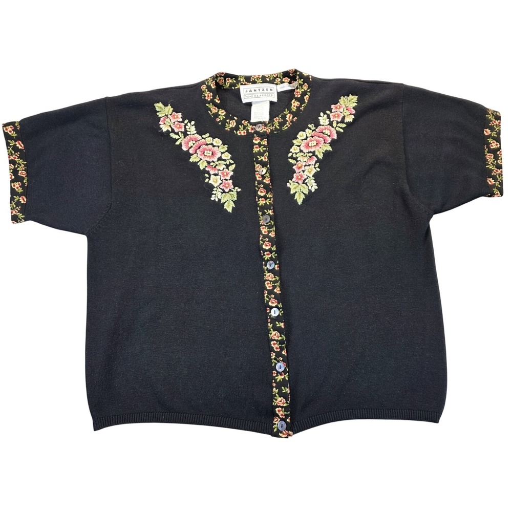 Jantzen Classics Women XL Cardigan Black Floral Hand‎ Embroidered Vintage Cozy